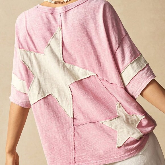 Pink Casual Women's Boho Knit Round Neck Short Sleeve Loose Fit Washed T-Shirt - Picture 7 of 7